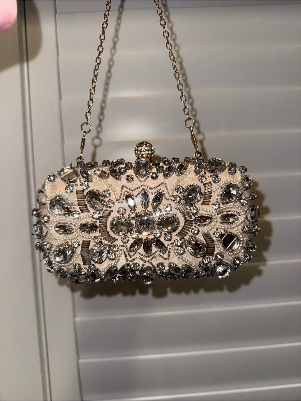 Embellished Ivory Crystal Clutch with Gold Chain